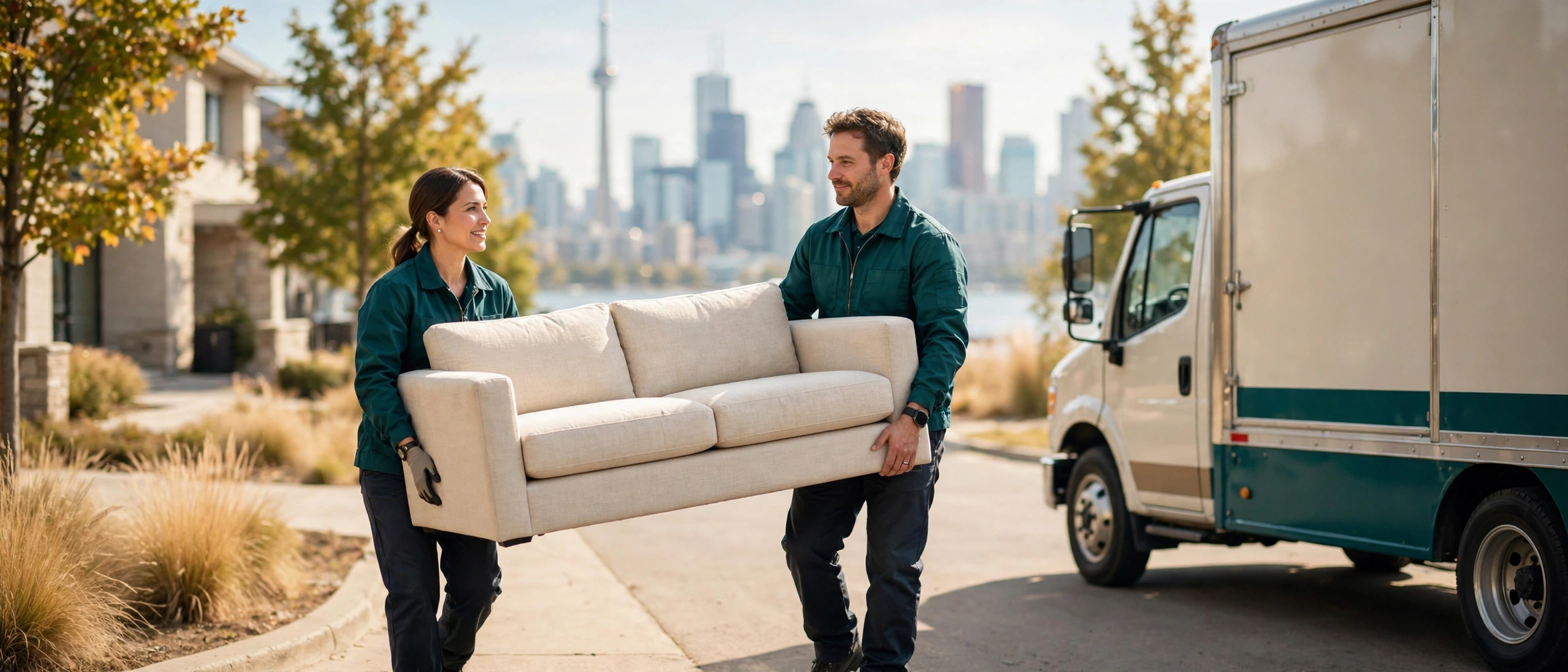 Cove Movers crew carrying a sofa with the Toronto skyline behind them
