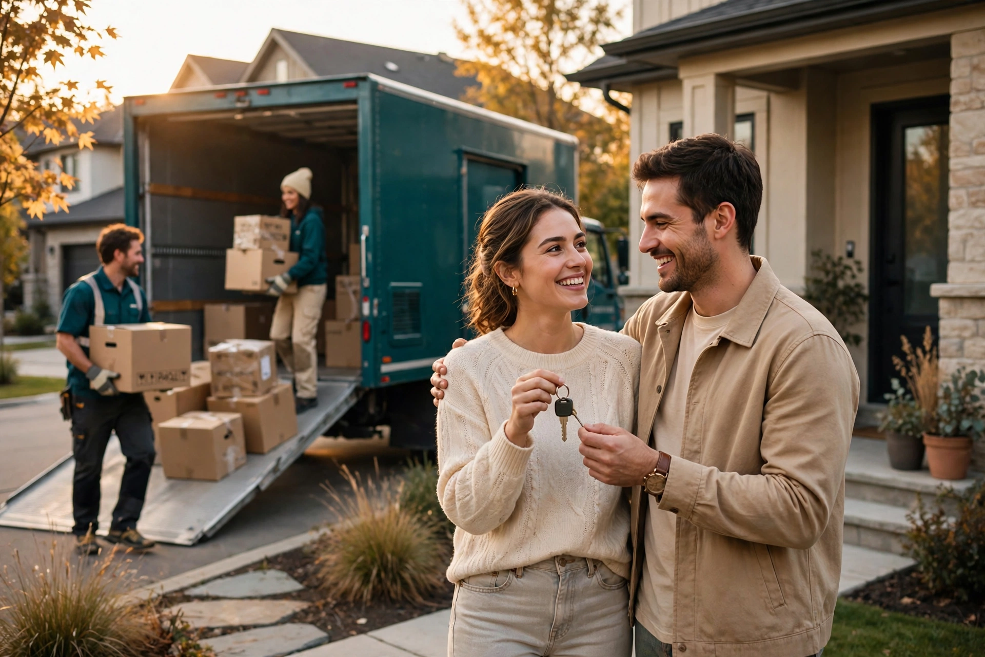 Happy couple with keys to their new home as Cove Movers unloads behind them