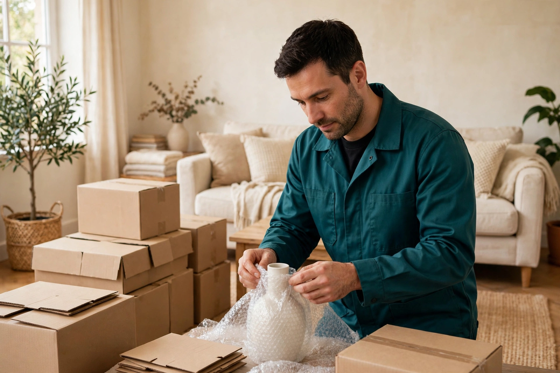 Cove Movers packer carefully wrapping a fragile vase